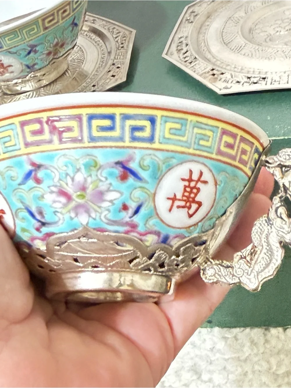 Vintage Famille Rose Tea Cup Saucer Set Pure Silver & Porcelain In Original Box